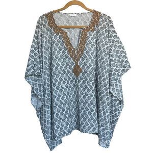 JJill‎ PureJill Poncho Top Womens Blue White Embroidered Cover-Up Bohemian